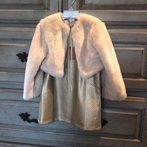 Egg by Susan Lazar gold dress and faux fur cape
